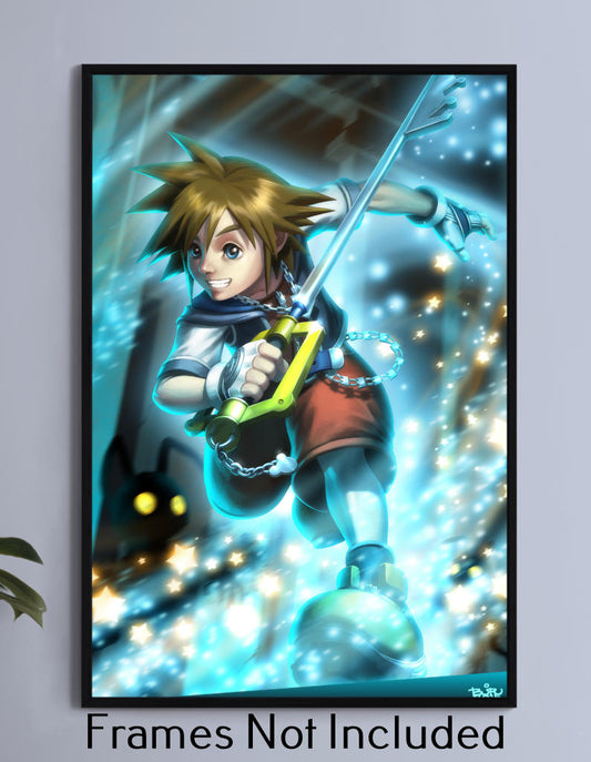  12x18 canvas print of Sora leaping through sparkles with keyblade and glowing trail