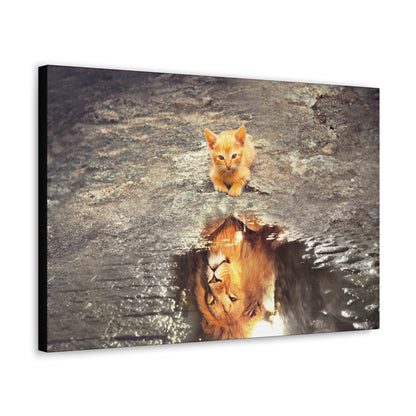 Dream Big – Kitten with Lion Reflection Wall Art on canvas, acrylic, and metal – front view featuring a kitten looking at its reflection, which appears as a lion.
