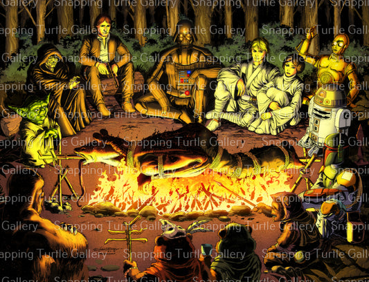 "Galactic Roast – Jar Jar Binks on a spit surrounded by Luke, Leia, Han, Chewie, Vader, and Yoda from Star Wars Episodes IV–VI."

