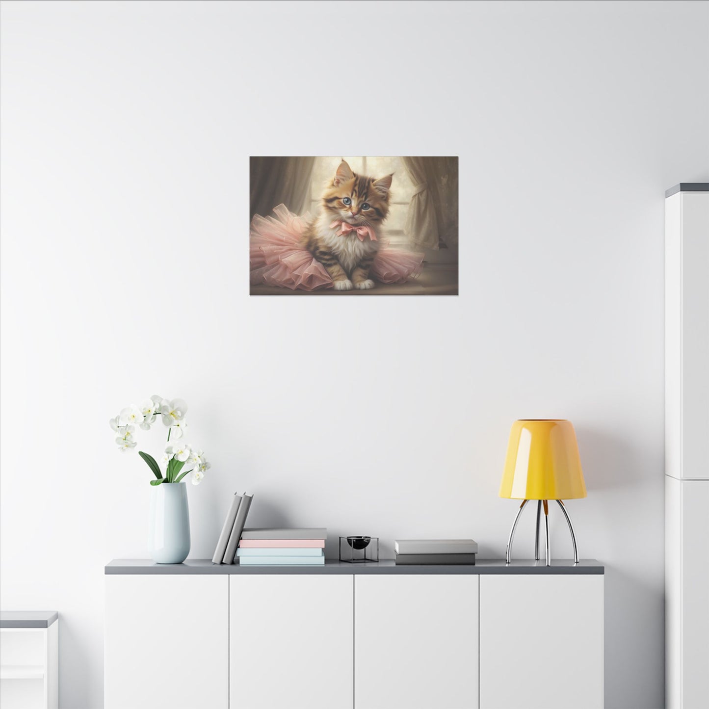 "Kitten in a Tutu Wall Art on premium canvas, acrylic, and metal – front view featuring an adorable kitten in a tutu"
