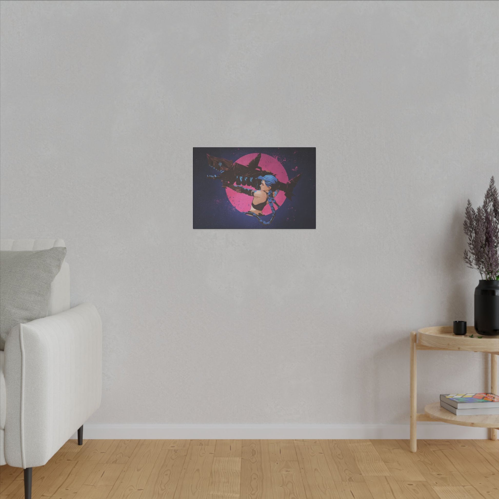 "Jinx from Arcane Wall Art on premium canvas, acrylic, and metal – front view featuring the edgy character Jinx"

