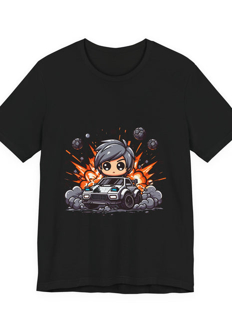 Front of a black graphic T-shirt showing a silver-haired chibi driver in a gray car with floating soccer balls, orange burst lines and smoke.