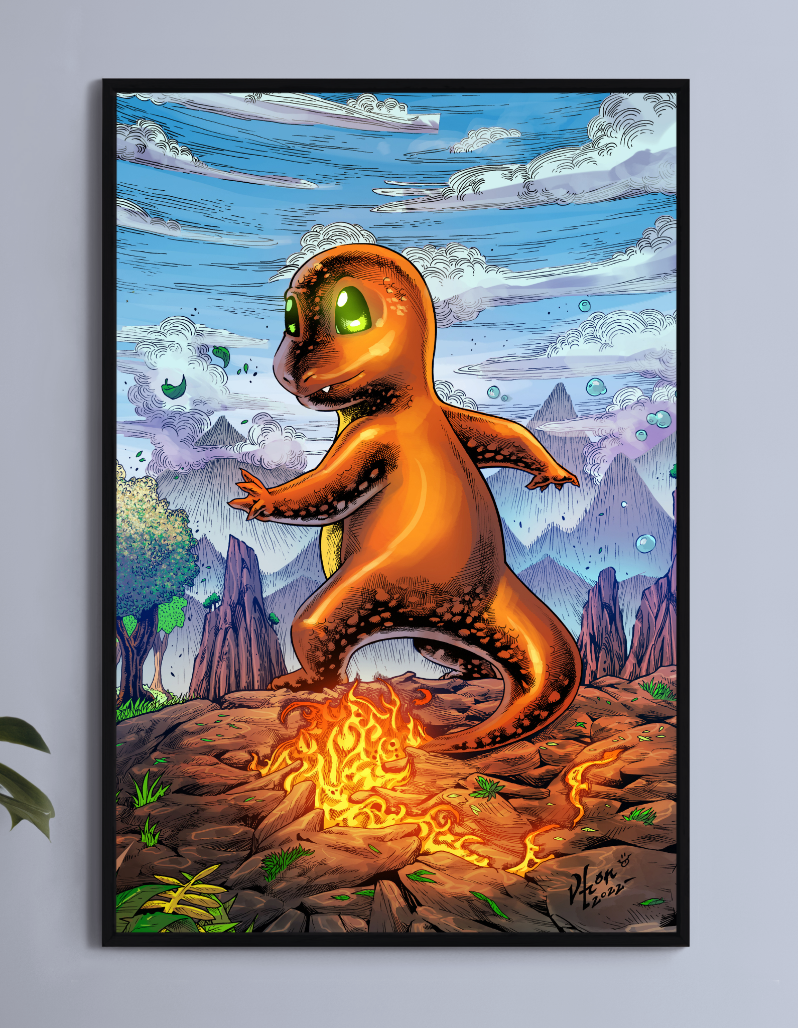 Charmander-inspired Pokémon wall art over flames and rock, 11x17 print