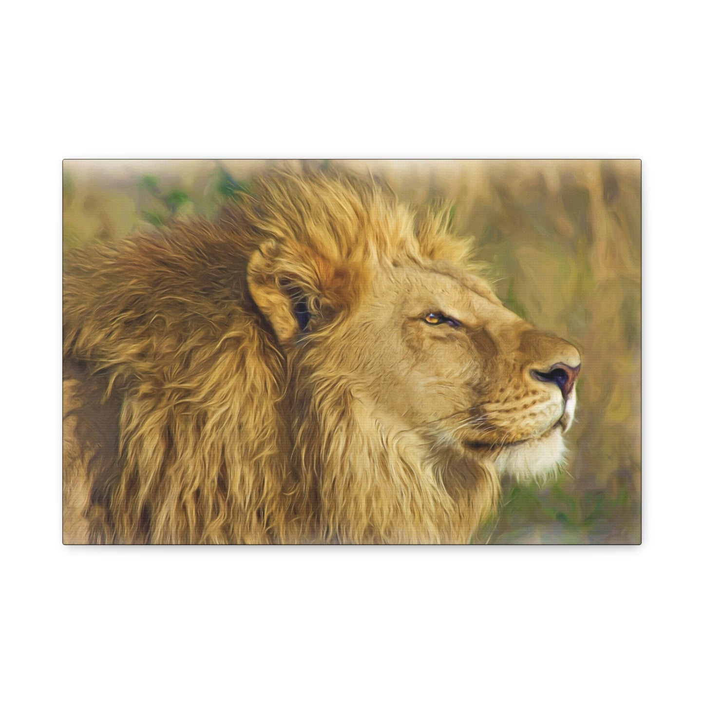 "King of the Plains – Lion in the Savanna Wall Art on canvas, acrylic, and metal – front view featuring a majestic lion surveying the grasslands."
