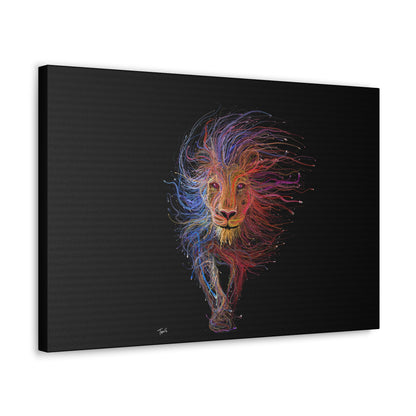 "Spectrum King – Vibrant Line Art Lion Wall Print on canvas, acrylic, and metal – front view featuring a colorful abstract lion shape."
