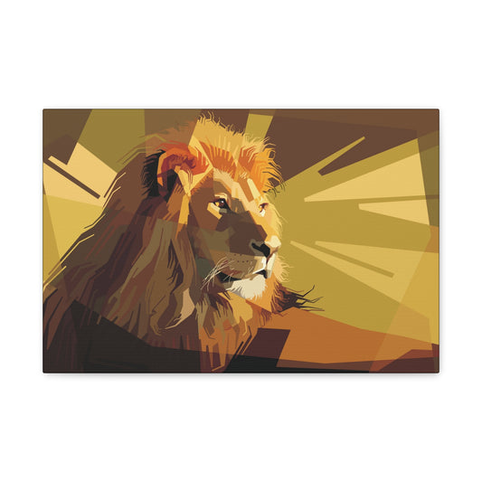 "Geometric Majesty – Yellow Abstract Lion Wall Art on canvas, acrylic, and metal – front view featuring a bold geometric lion design."
