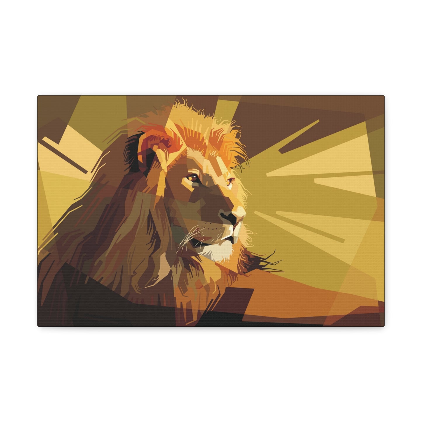 "Geometric Majesty – Yellow Abstract Lion Wall Art on canvas, acrylic, and metal – front view featuring a bold geometric lion design."
