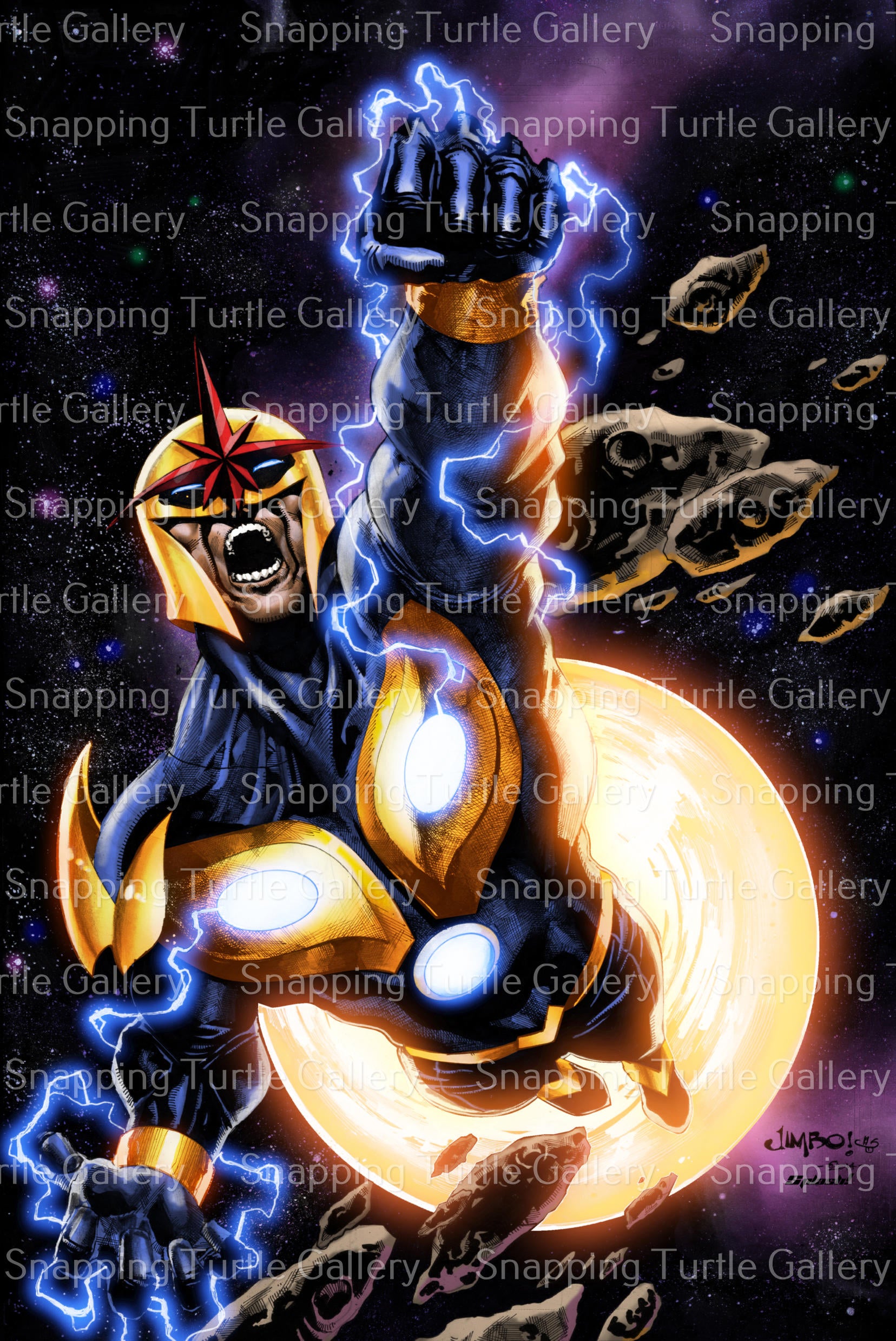 "Starborn – Nova Wall Art on canvas, acrylic, and metal – Nova flying through space glowing with cosmic energy and star trails."

