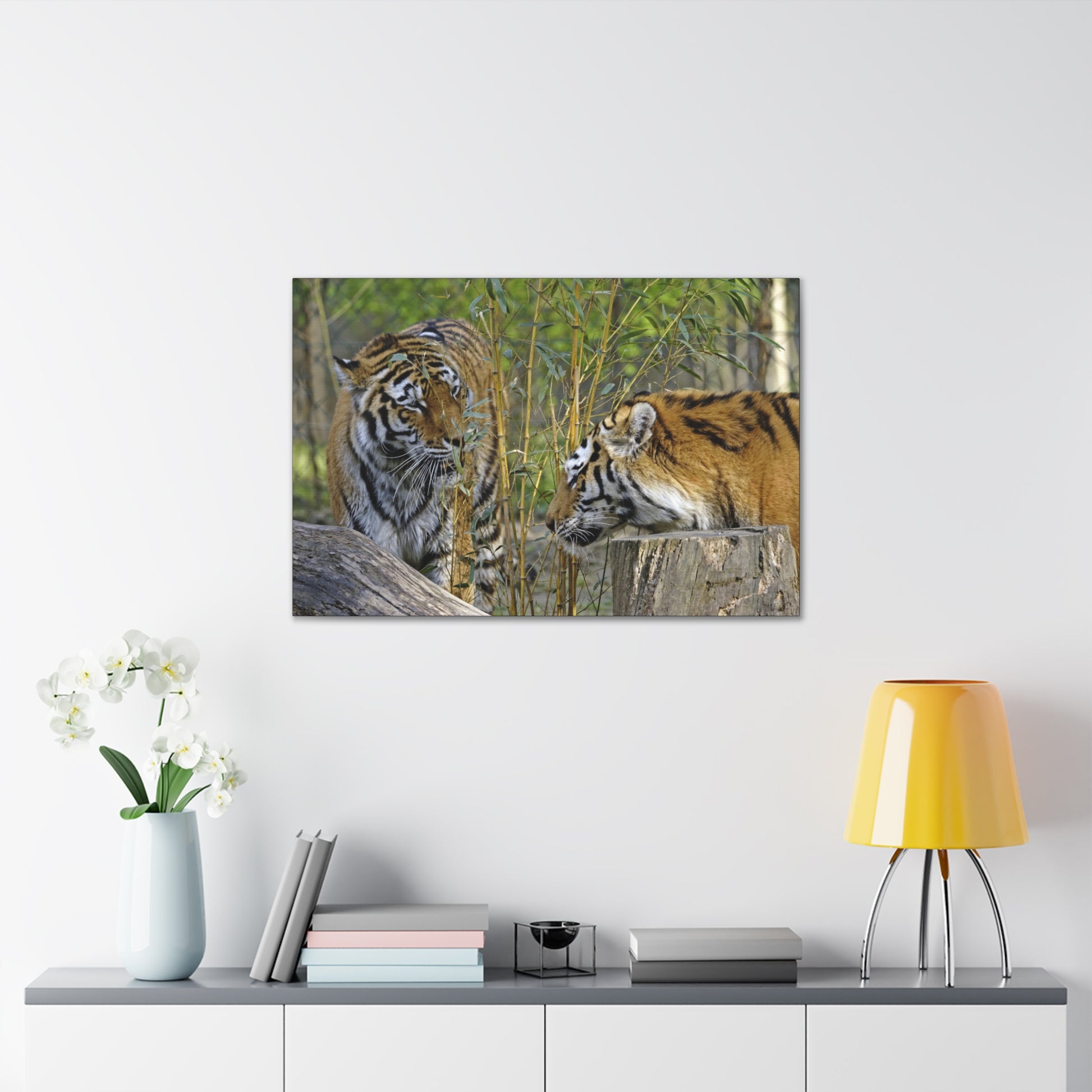 "Clash of Kings – Fighting Tigers Wall Art on canvas, acrylic, and metal – front view featuring two fierce tigers preparing to battle."

