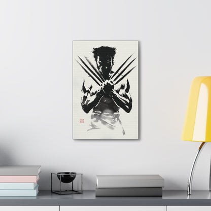 "Samurai Spirit – Black & White Japanese Watercolor Wolverine Wall Art on canvas, acrylic, and metal – front view featuring Wolverine in an ink-wash samurai stance."
