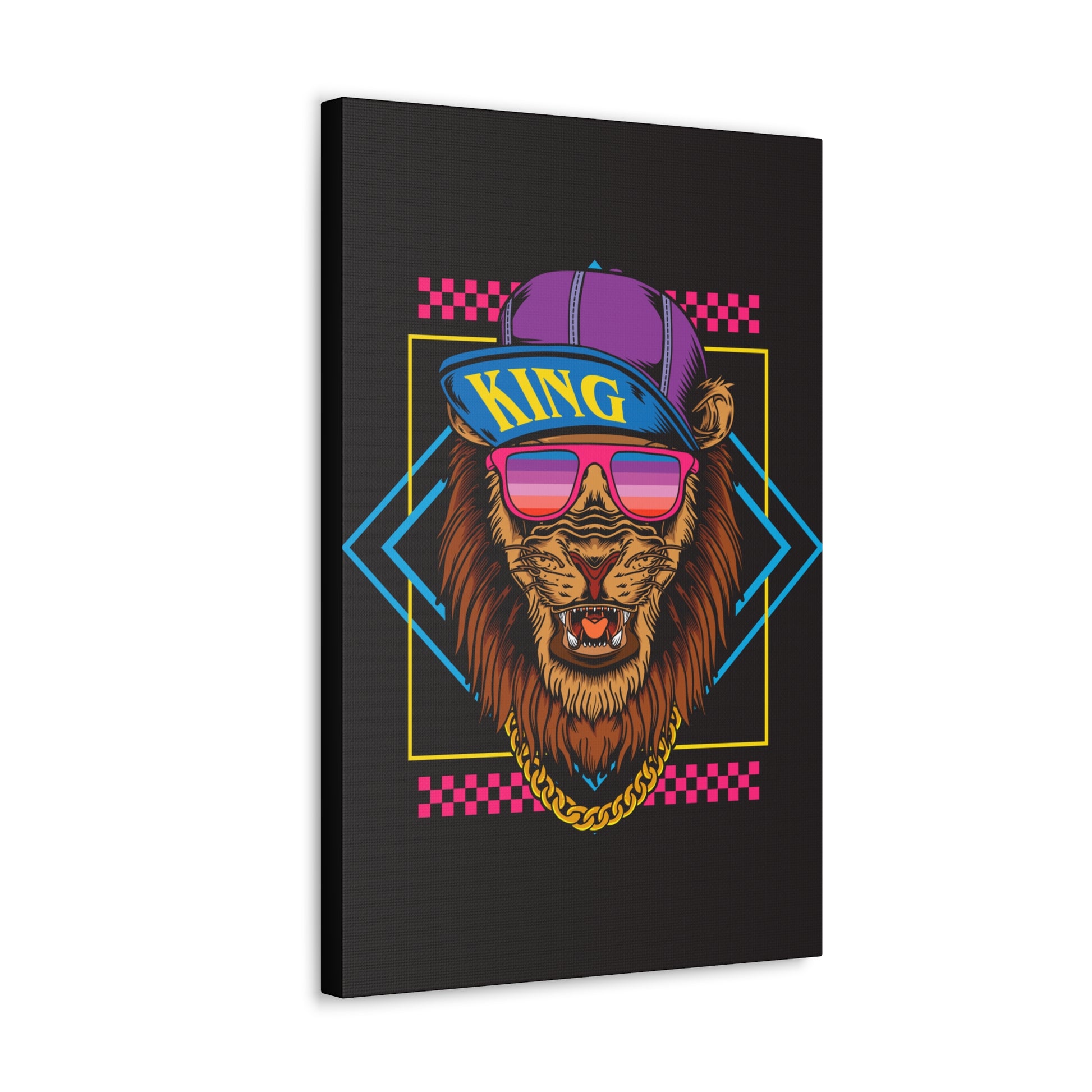 "Neon Lion with Hat & Shades Wall Art on canvas, acrylic, and metal – front view featuring electric neon colors and street-style lion design"
