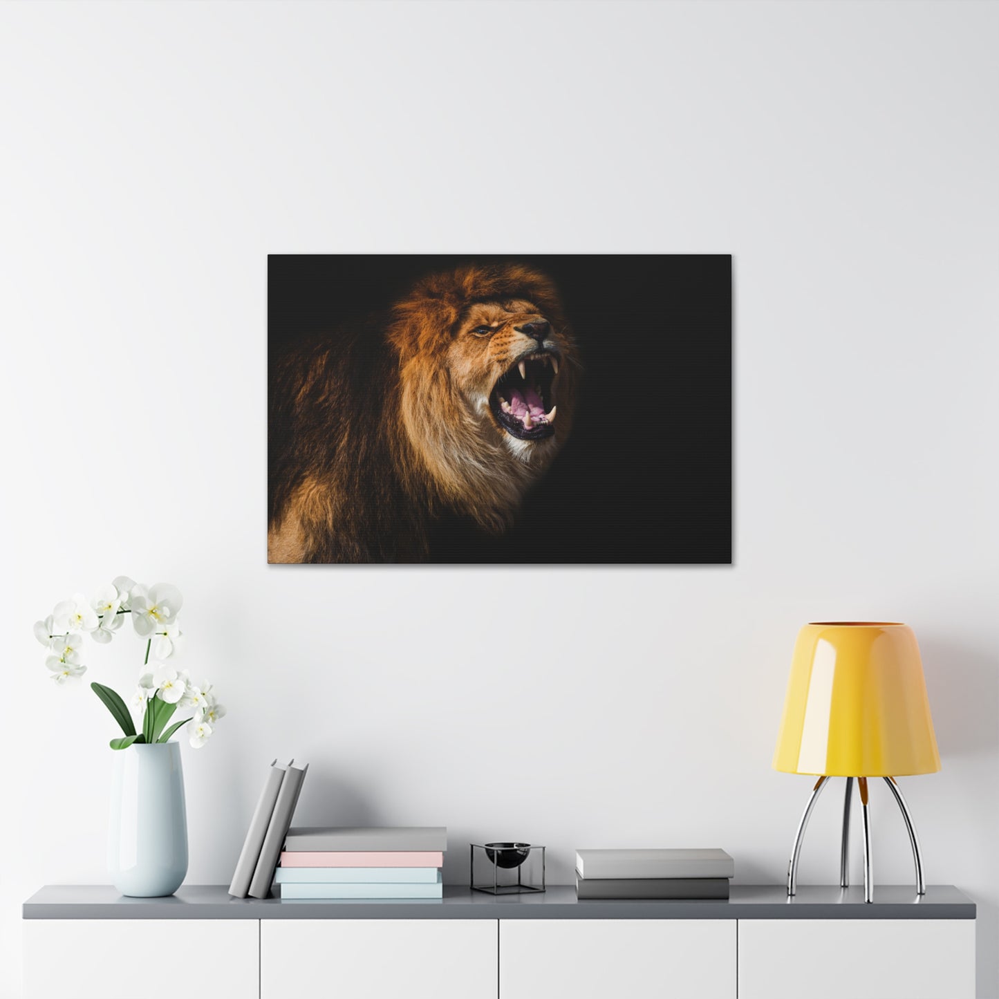 "Roar of the King – Powerful Roaring Lion Wall Art on canvas, acrylic, and metal – front view featuring a fierce roaring lion."
