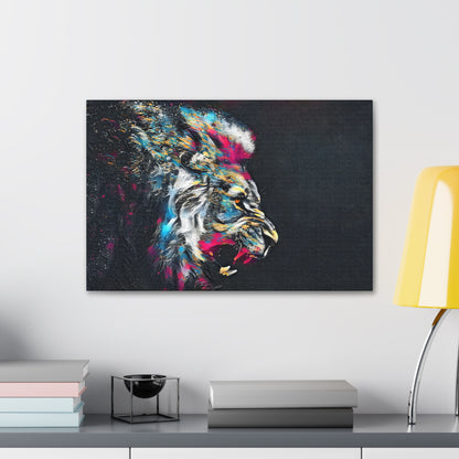 "Fury of the Wild – Colorful Snarling Lion Wall Art on canvas, acrylic, and metal – front view featuring a fierce, neon-colored lion baring its teeth."
