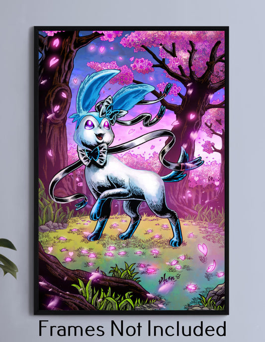 Shiny Sylveon dancing among cherry blossoms, 11x17 Pokémon pastel print