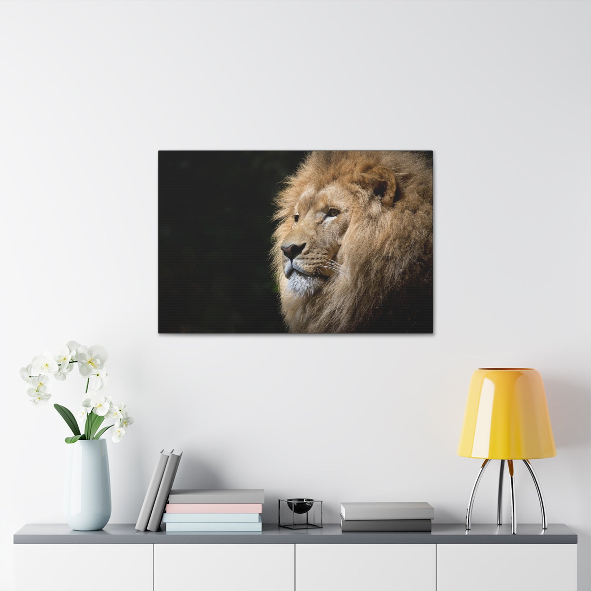 "Shadow King – Lion Portrait on Black Background Wall Art on canvas, acrylic, and metal – front view featuring a dramatic lion face against a dark background."
