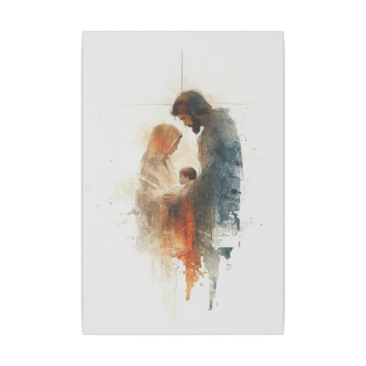 Holy Family Wall Art featuring Jesus Christ as a child with Mary and Joseph – available on canvas, acrylic, and metal