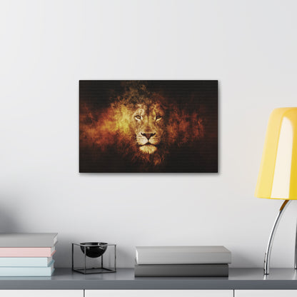 "Inferno King – Fiery Lion Head Illusion Wall Art on canvas, acrylic, and metal – front view featuring a roaring lion’s head emerging from flames."
