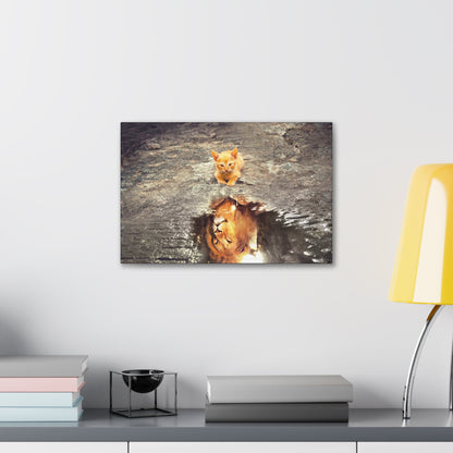 Dream Big – Kitten with Lion Reflection Wall Art on canvas, acrylic, and metal – front view featuring a kitten looking at its reflection, which appears as a lion.