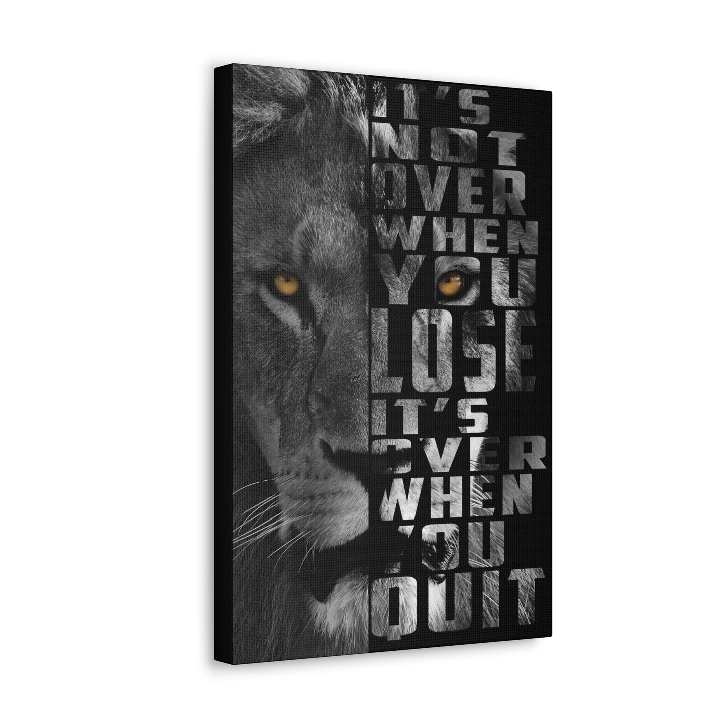 "It’s Not Over – Motivational Lion Wall Art on canvas, acrylic, and metal – front view featuring bold lion and inspiring quote"
