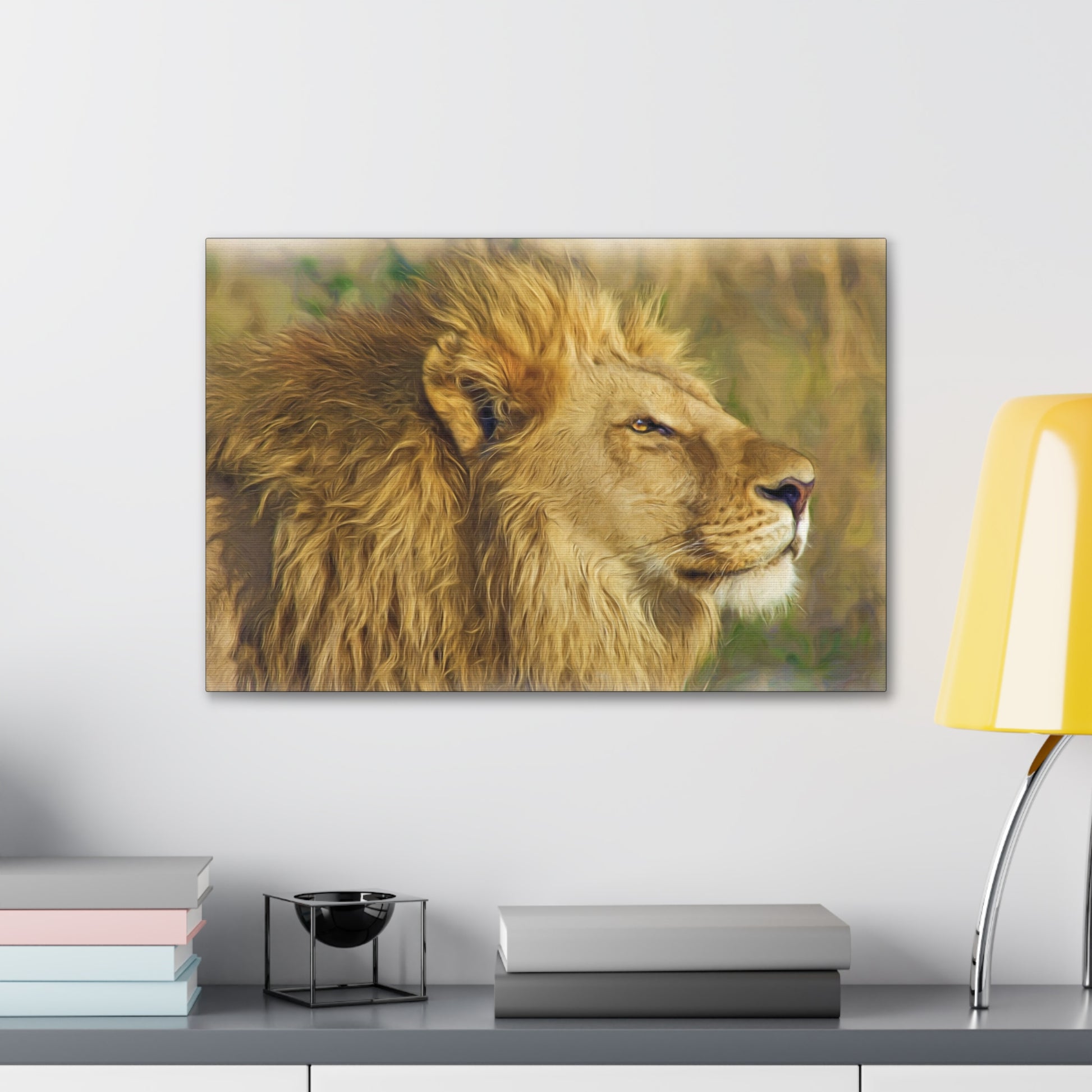 "King of the Plains – Lion in the Savanna Wall Art on canvas, acrylic, and metal – front view featuring a majestic lion surveying the grasslands."
