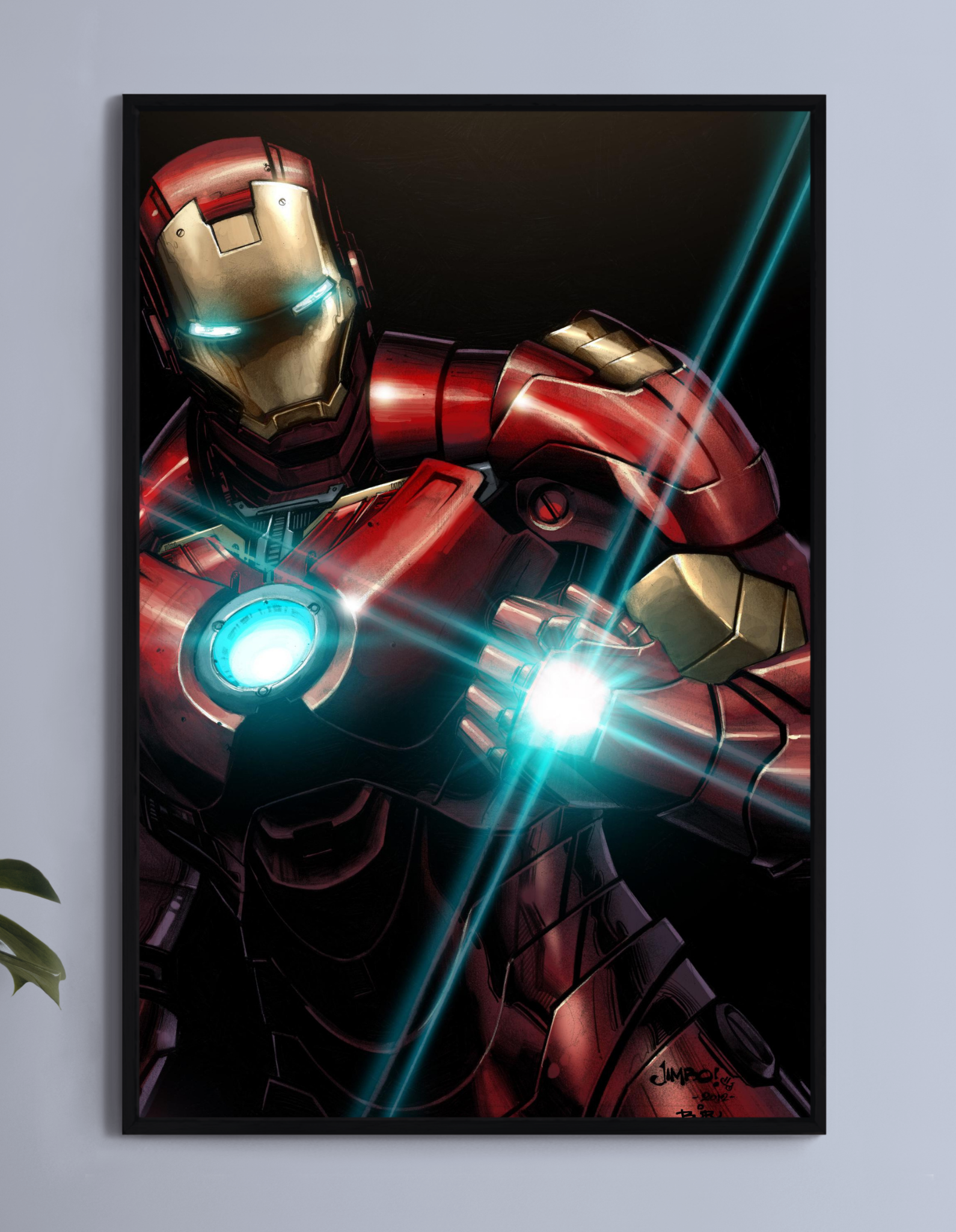 Tony Stark in Iron Man armor charging repulsor blast with energy lines, 16x24
