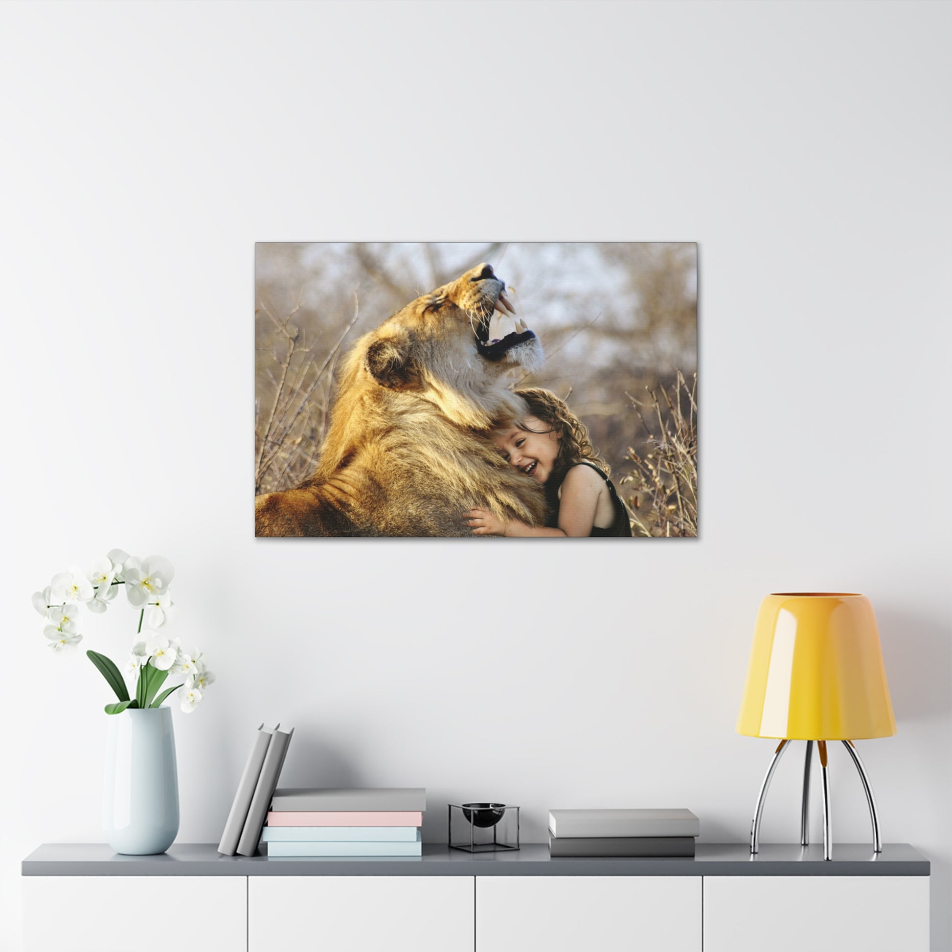 "Guardian’s Embrace – Lion and Little Girl Wall Art on canvas, acrylic, and metal – front view featuring a heartwarming embrace between a lion and child."
