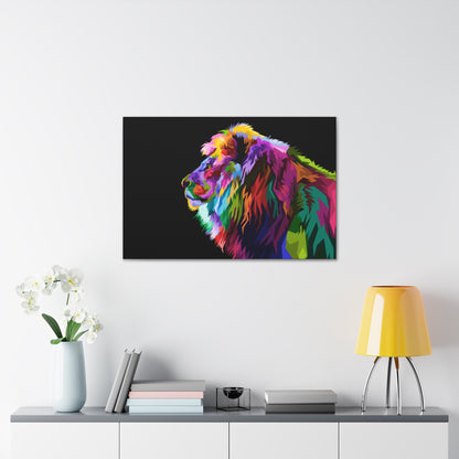 "Prismatic King – Multicolored Lion Wall Art on canvas, acrylic, and metal – front view featuring a vibrant and abstract lion portrait."
