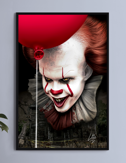 "Fear Floats – Pennywise Wall Art on canvas, acrylic, and metal – Pennywise with eerie grin and glowing eyes in a dark, foggy background."

