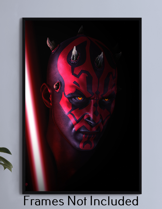 Sith Fury – Darth Maul Wall Art on canvas, acrylic, and metal – front view featuring Darth Maul wielding his double-bladed lightsaber in an intense stance.
