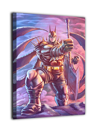 Absolute Batman bracing one boot on stone with a raised axe and sweeping cape, art by Christian D. Pabustan
