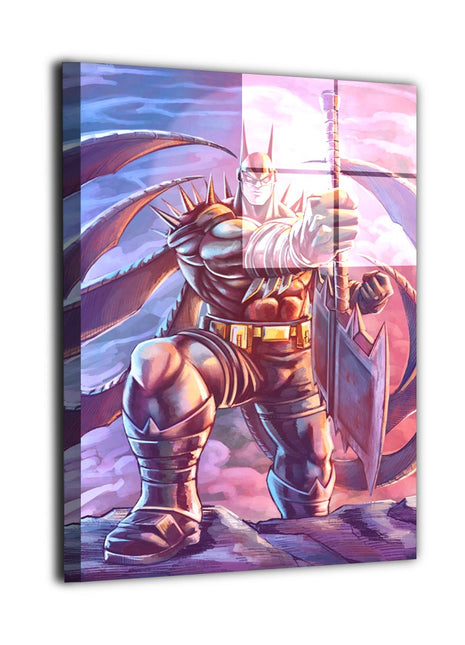 Angled reflective view of Absolute Batman with a large axe and spiked armor against a violet and pink sky