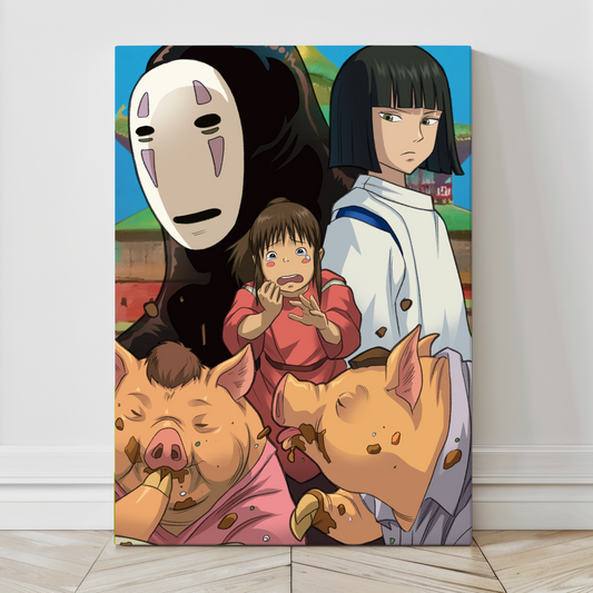 Gallery-wrapped canvas of Chihiro (Sen) with Haku and No-Face—rich textures and painterly color, Studio Ghibli inspired art by Ryan Pasibe, colors by Sam Dela Torre.