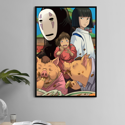 Poster print of “Across the Spirit Way” featuring Chihiro (Sen), Haku, and No-Face—Studio Ghibli inspired artwork by Ryan Pasibe, colors by Sam Dela Torre.