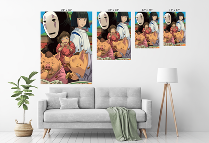 Size Chart Living-room mockup showing “Across the Spirit Way” on wall—Chihiro, Haku, and No-Face in one frame, ready-to-hang display.