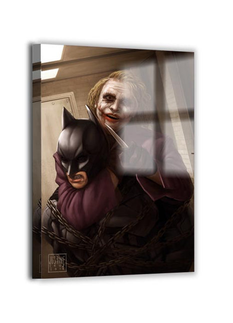 Batman and Joker in Chains of Chaos, glossy acrylic panel with floating depth, art by Justine Cruz.