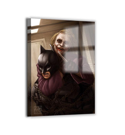 Batman and Joker in Chains of Chaos, glossy acrylic panel with floating depth, art by Justine Cruz.