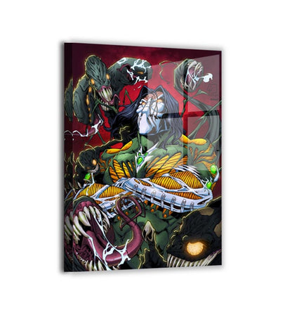 Glossy acrylic depth on snarling darklings and luminous armor; high-contrast supernatural portrait.