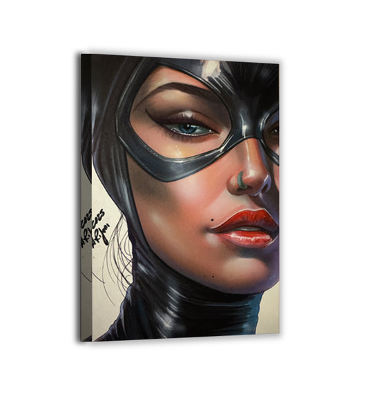 Feline Noir Close-Up Acrylic — Catwoman DC portrait by Aurelio Rigoni; deep gloss acrylic.