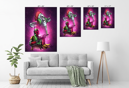 Alt Text: 24x36 acrylic artwork of Boba Fett and ship on pink starry backdrop

