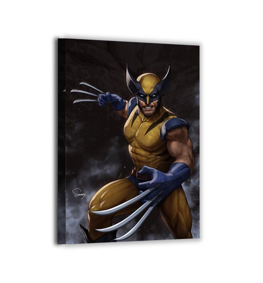 Canvas—hero crouched with extended adamantium claws; dramatic shadows and motion lines by Sam Dela Torre.