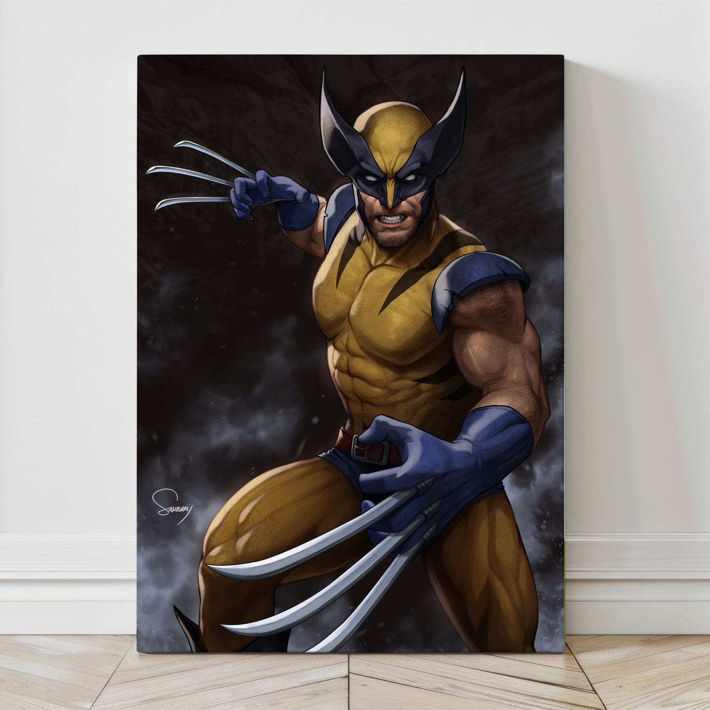 Canvas—hero crouched with extended adamantium claws; dramatic shadows and motion lines by Sam Dela Torre.