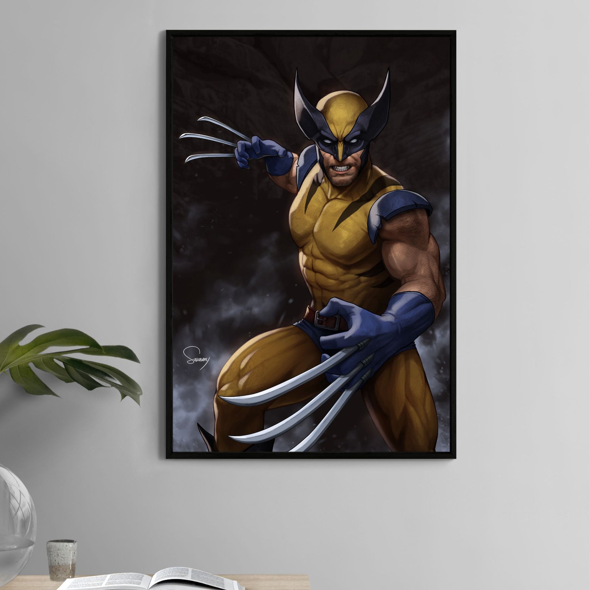 Poster—clawed mutant in classic yellow-blue suit mid-lunge; intense comic portrait by Sam Dela Torre.