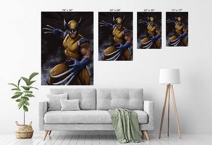 Room mockup—Adamantium Berserker framed on wall; bold X-Men-inspired décor centerpiece.