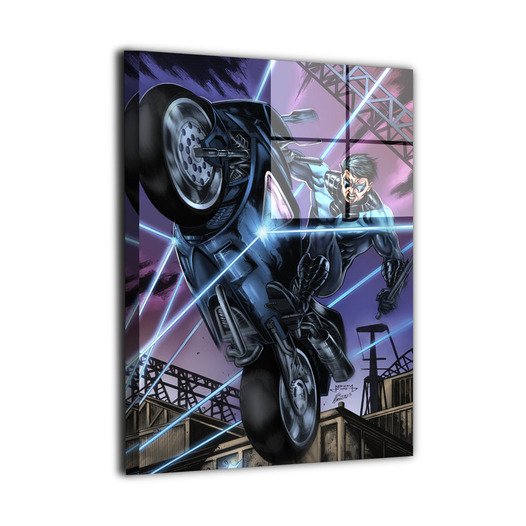 Nightwing wall art featuring the acrobatic DC hero launching forward on a motorcycle with glowing blue energy lines and an industrial city backdrop | Snapping Turtle Gallery