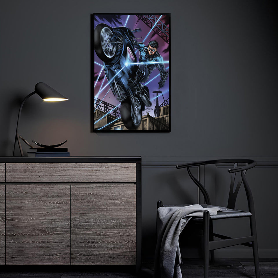 Nightwing wall art displayed in a modern interior setting showcasing the DC hero mid-action with dynamic motion, neon blue highlights, and a dramatic urban scene | Snapping Turtle Gallery
