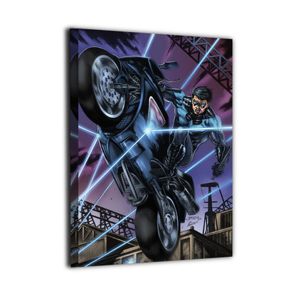 Dynamic Nightwing wall art shown at an angle highlighting the hero’s athletic pose, motorcycle action, and vibrant blue energy effects against a gritty city environment | Snapping Turtle Gallery