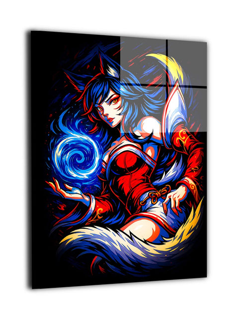 Nine-Tailed Spirit Orb metal wall art showing Ahri mid-cast