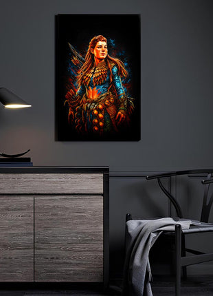 Machine Hunter's Path acrylic wall art showing Aloy in a composed forward-facing stance