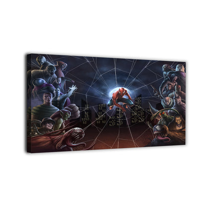 Panoramic spider-themed hero artwork featuring a central web pose with classic villain ensemble in dramatic nighttime city scene