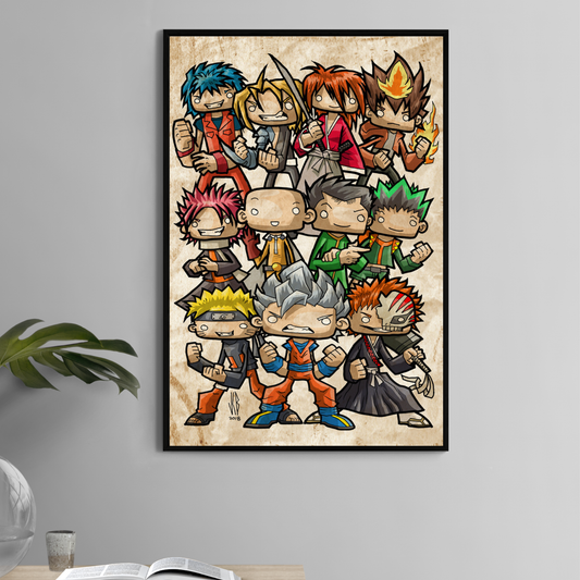 11x17 print of crossover anime characters including Goku, Naruto, Gon, Ichigo, and more in chibi style

